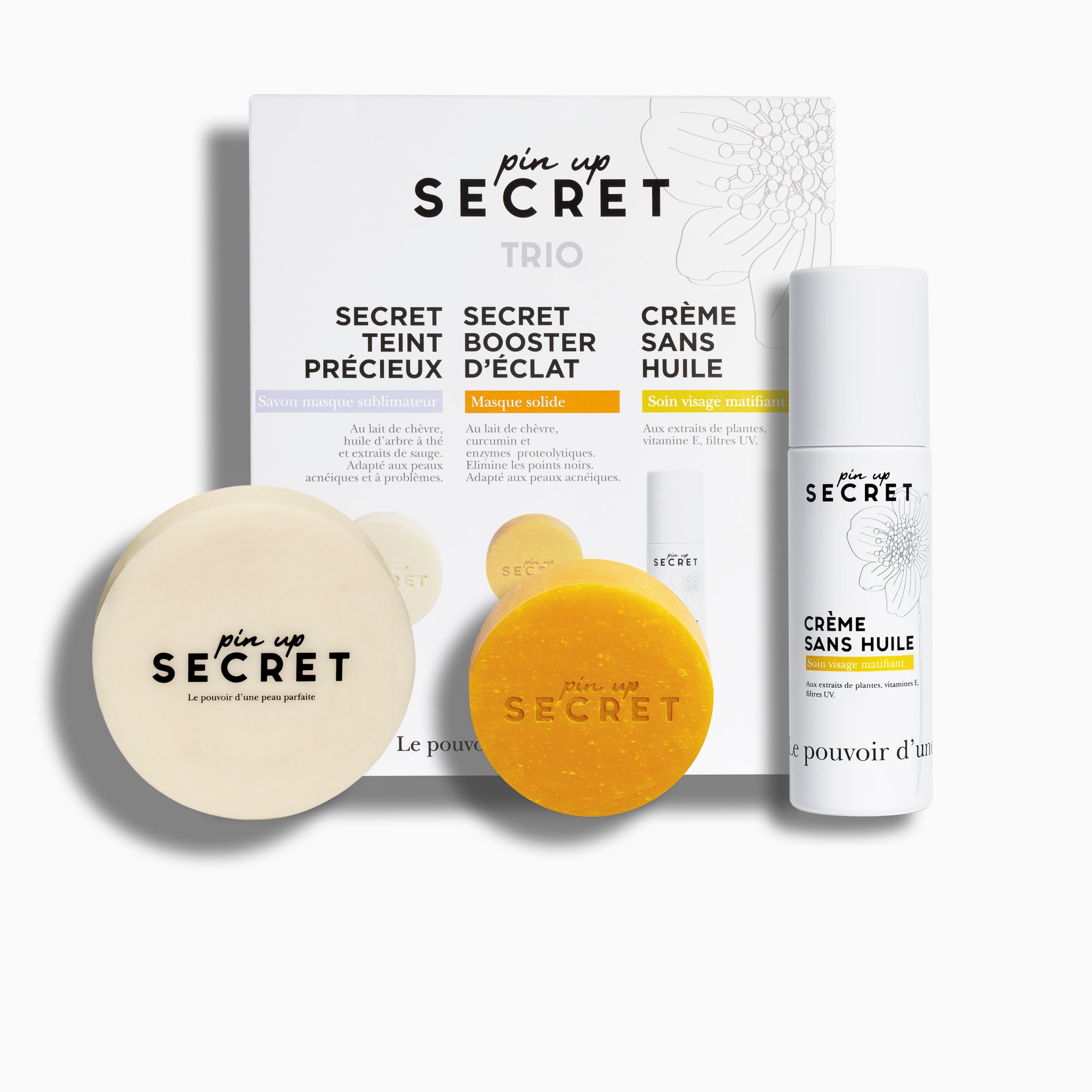 Secret skincare product set with packaging on a white background